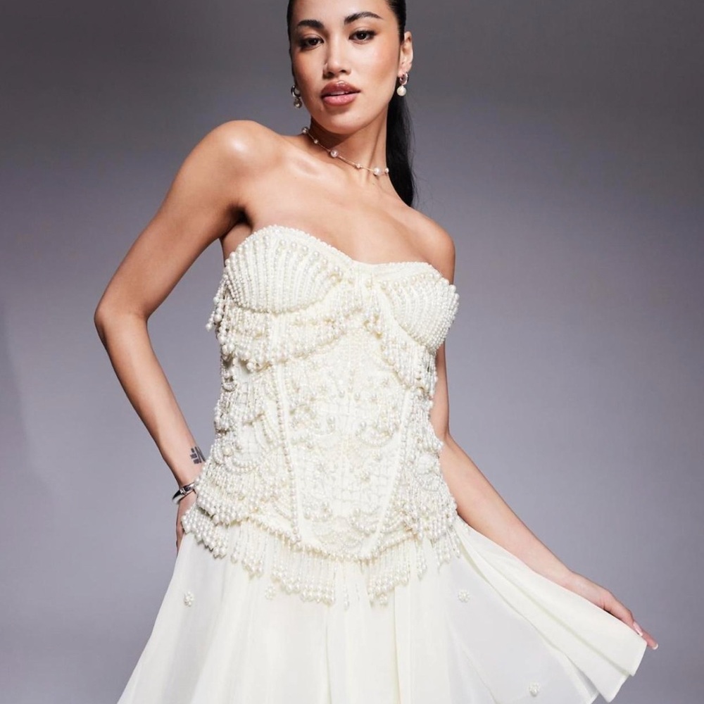 ASOS Ivory Strapless Pearl-Embellished Corset Dress